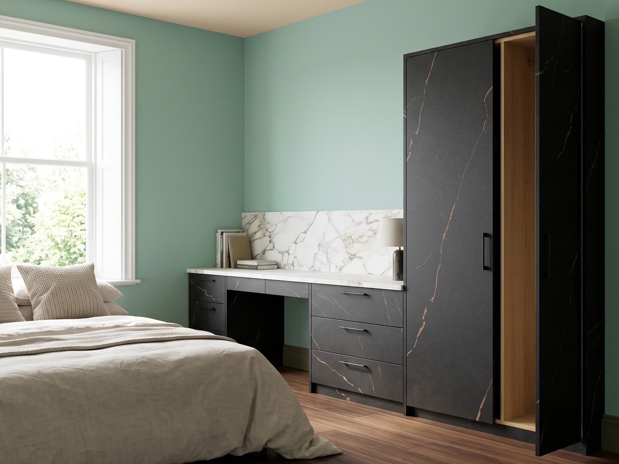 Bedroom with a black marble-effect fitted wardrobe, dressing table and marble splashback against sage walls — a visualisation