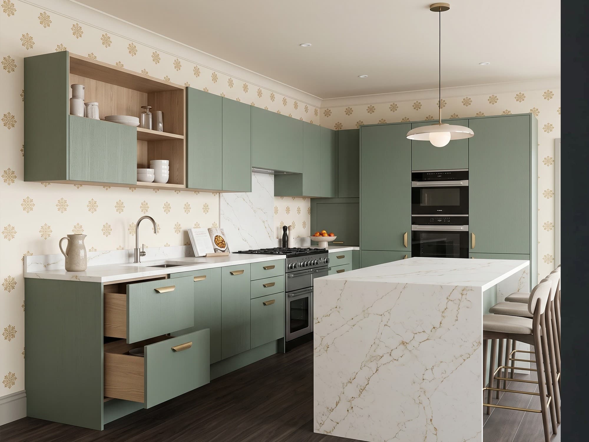Sage green handleless kitchen with a marble waterfall island and oak-lined drawers — a visualisation