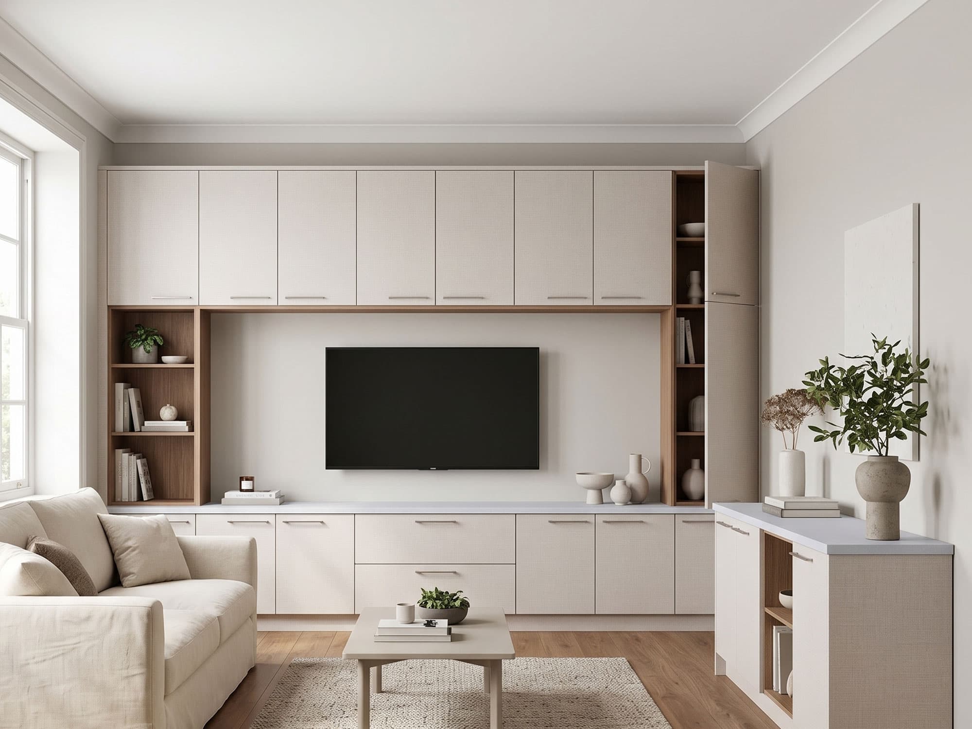 Linen-finish fitted media wall in a pale living room with open oak shelving — a visualisation