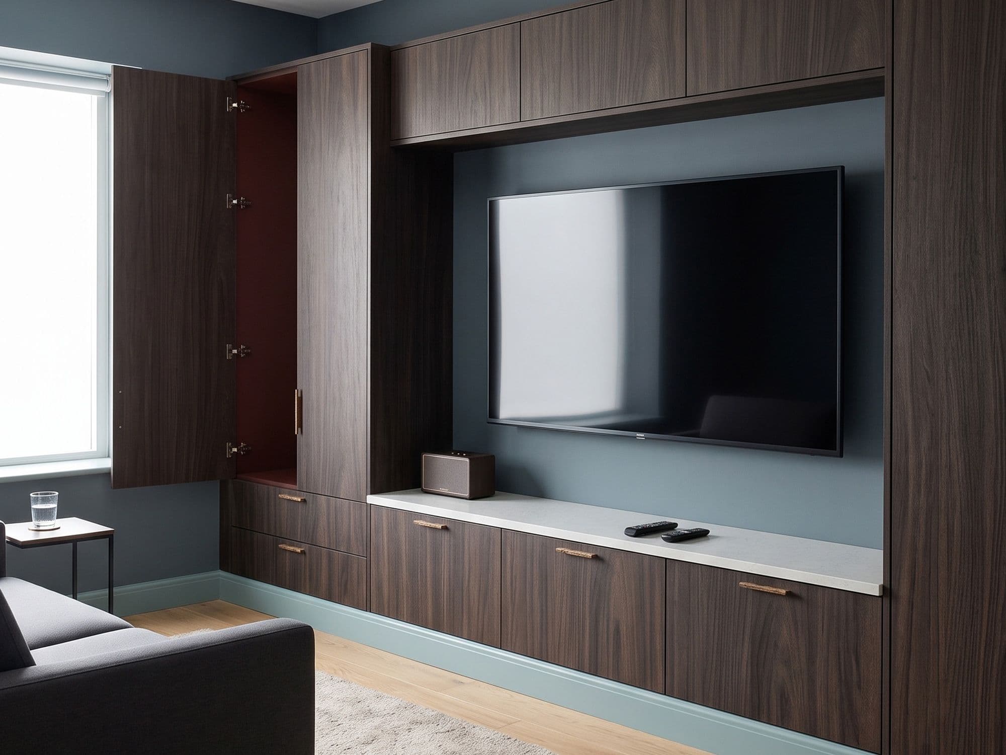Dark walnut fitted media wall with a floating base, concealed storage and a recessed television — a visualisation