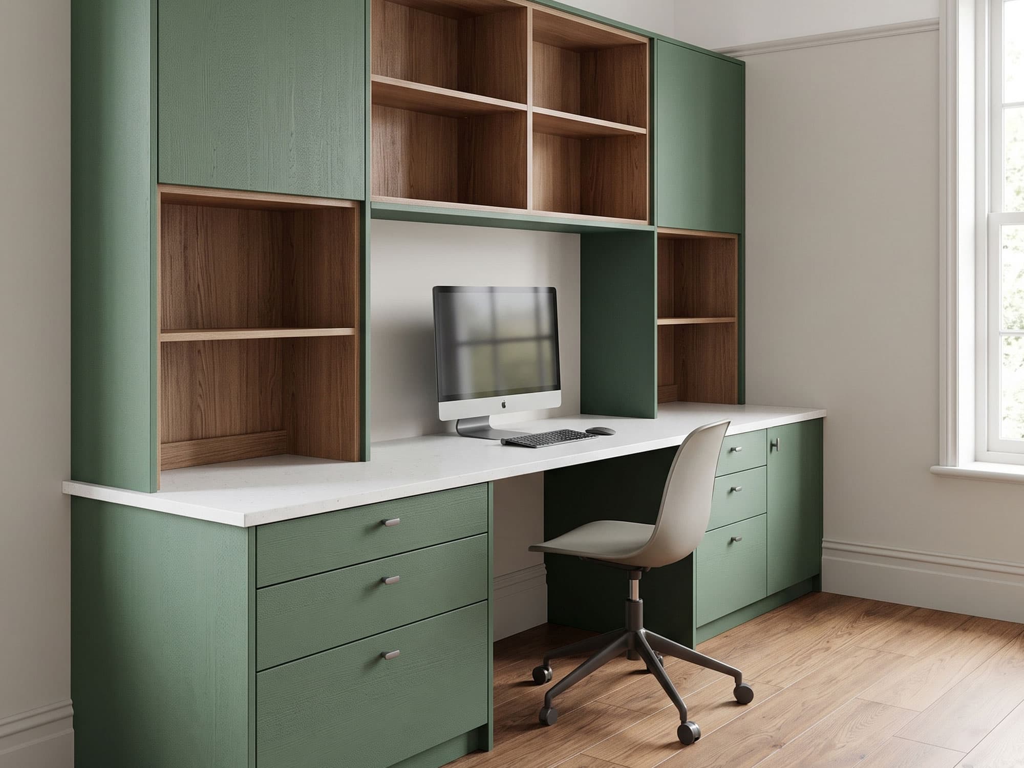 Sage green fitted home office with walnut shelving and a white desk — a visualisation