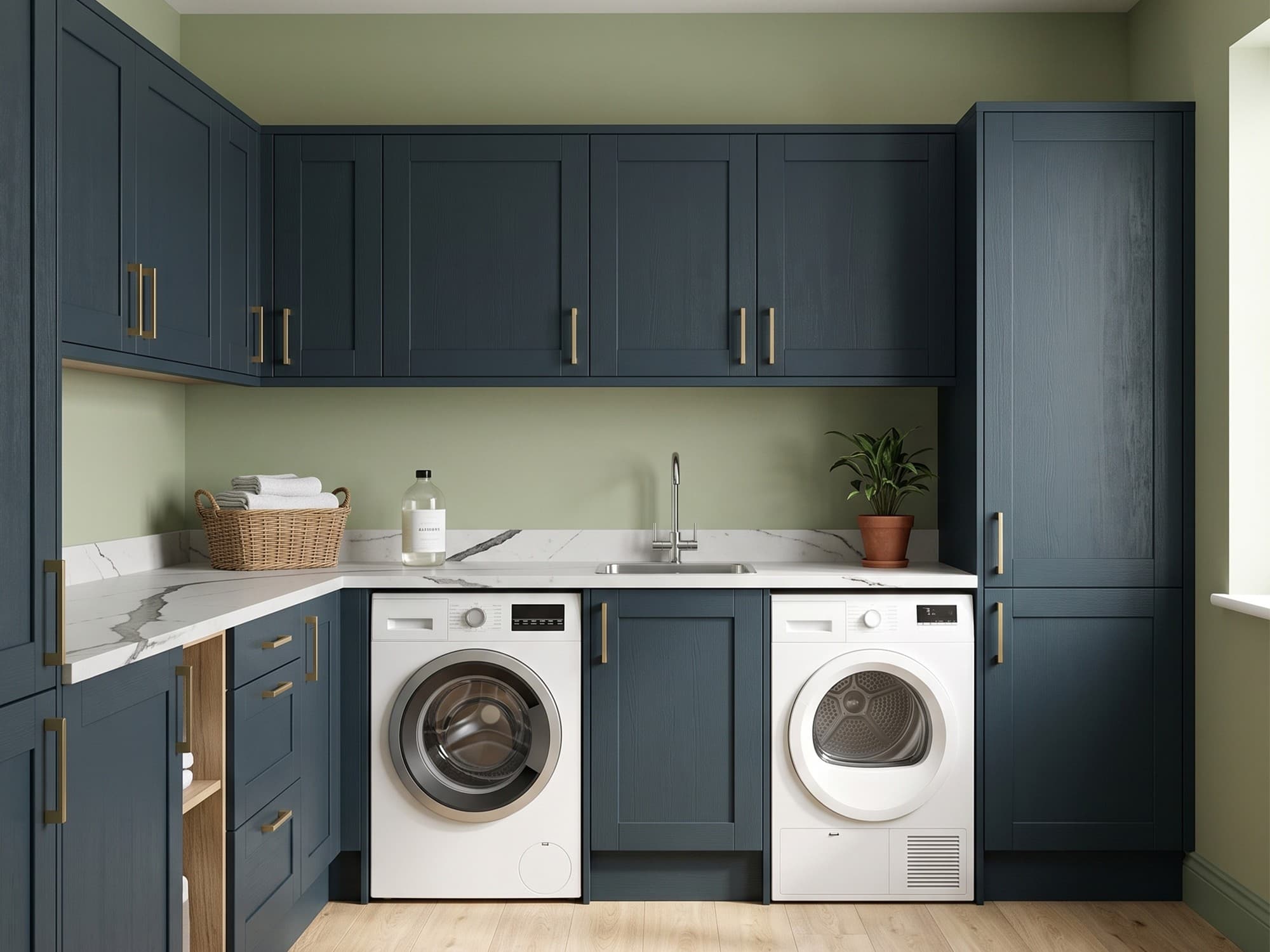 Navy shaker utility room with a quartz worktop, brass handles, and a washer and dryer under the counter — a visualisation